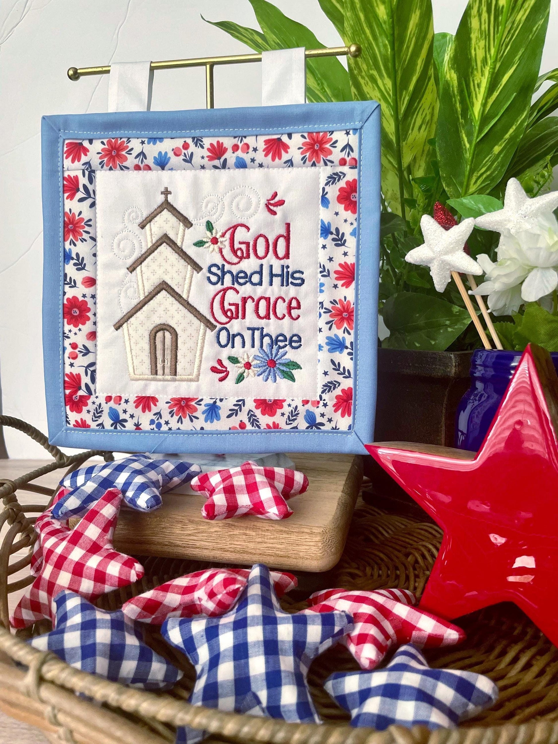 Patriotic Mini Quilt Wall Hanging | Appliqué Church, Red White Blue Americana Decor