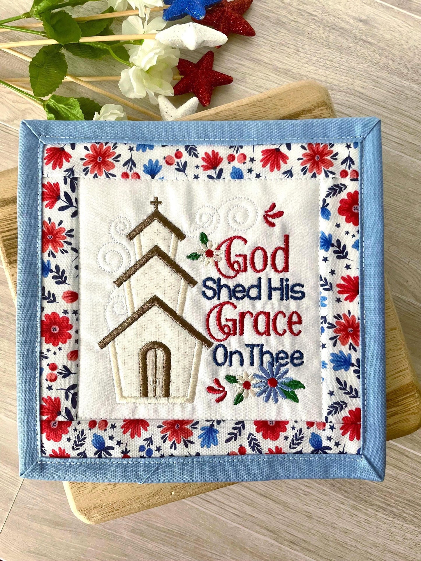 Patriotic Mini Quilt Wall Hanging | Appliqué Church, Red White Blue Americana Decor