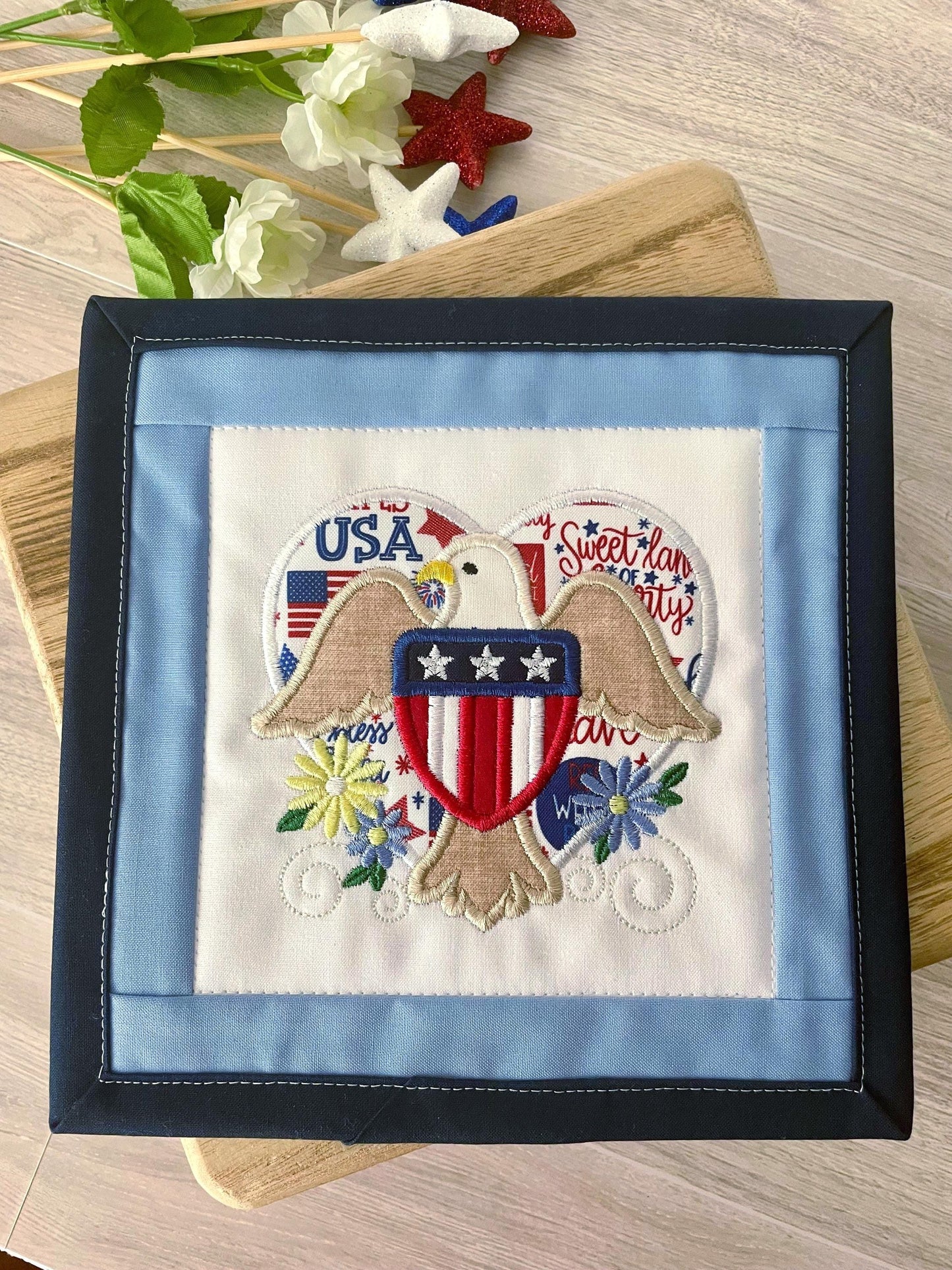 Patriotic Mini Quilt Wall Hanging | Appliquéd American Eagle, Flag Shield, Heart Decor