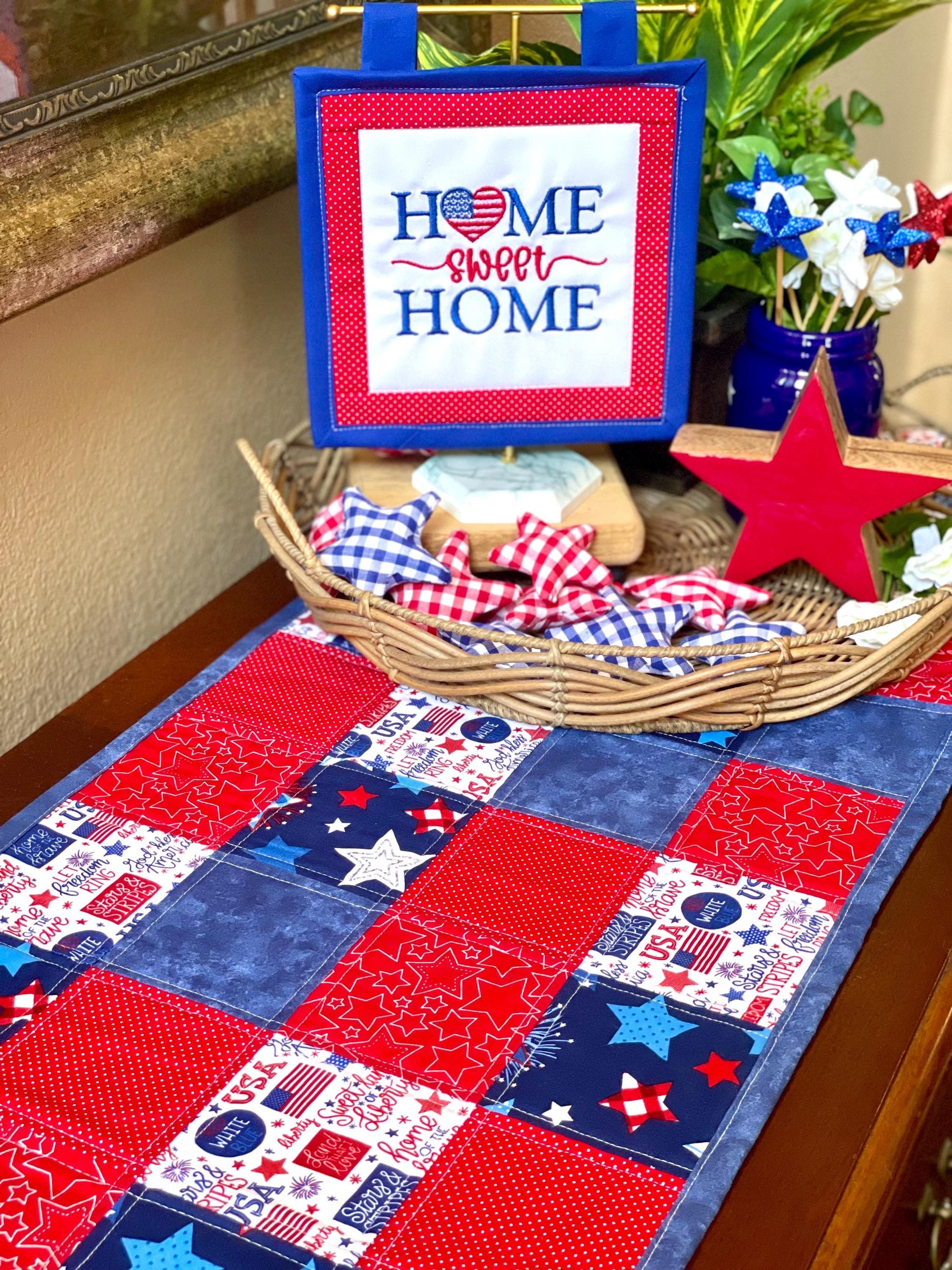 Quilted Patriotic Red White Blue Table Runner – 53.5” x 14.5” | Table Décor