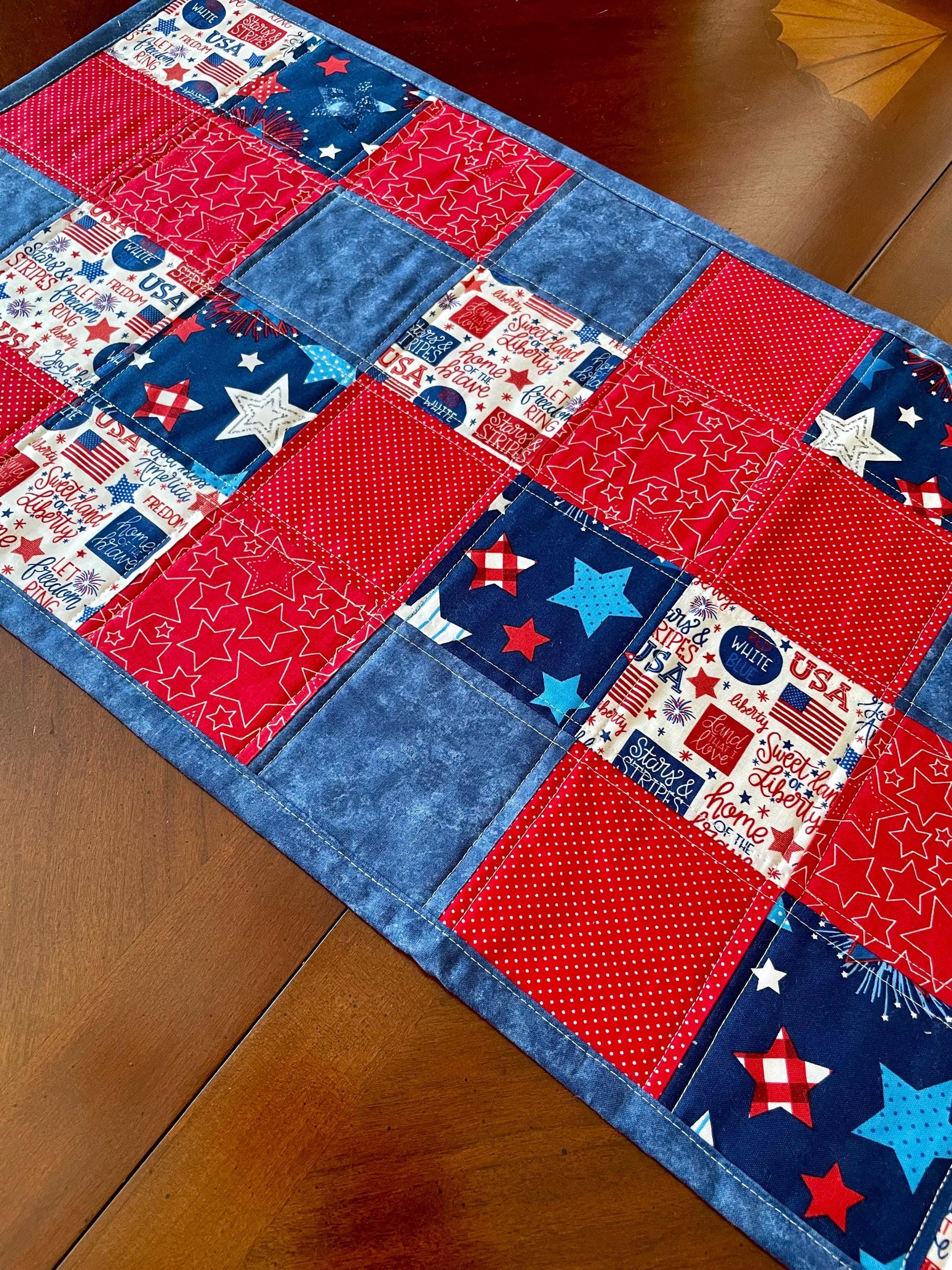Quilted Patriotic Red White Blue Table Runner – 53.5” x 14.5” | Table Décor