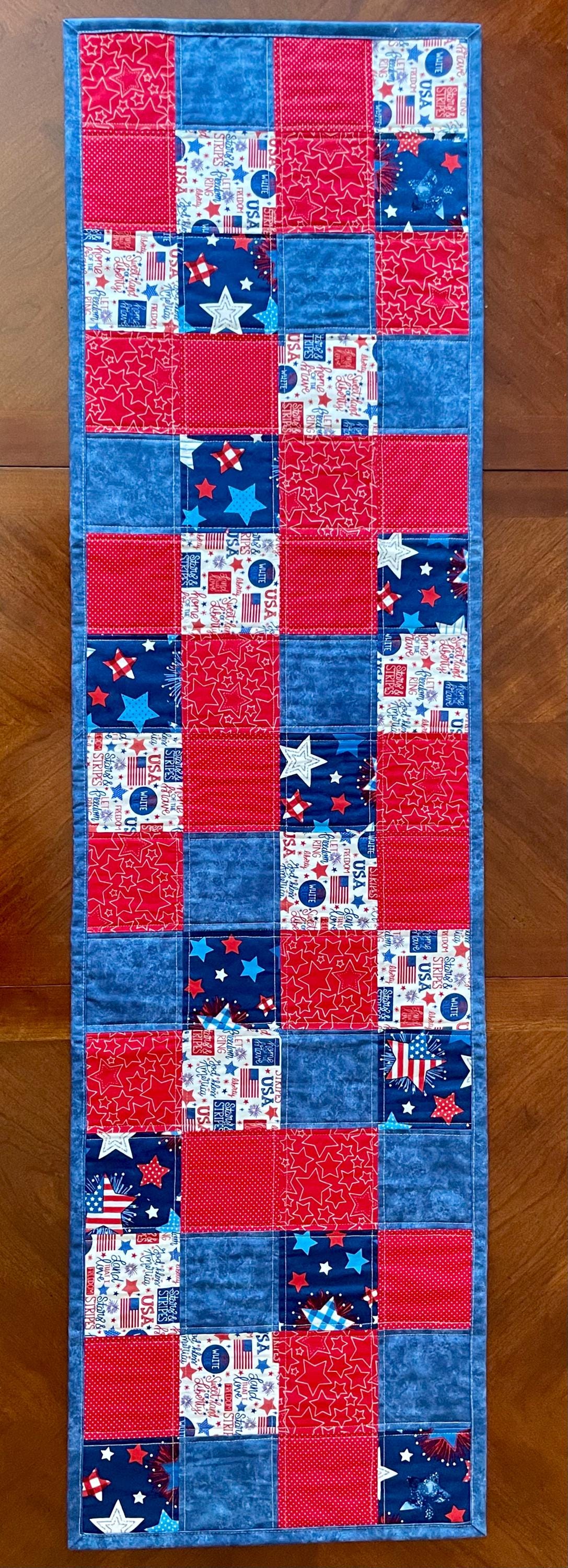 Quilted Patriotic Red White Blue Table Runner – 53.5” x 14.5” | Table Décor