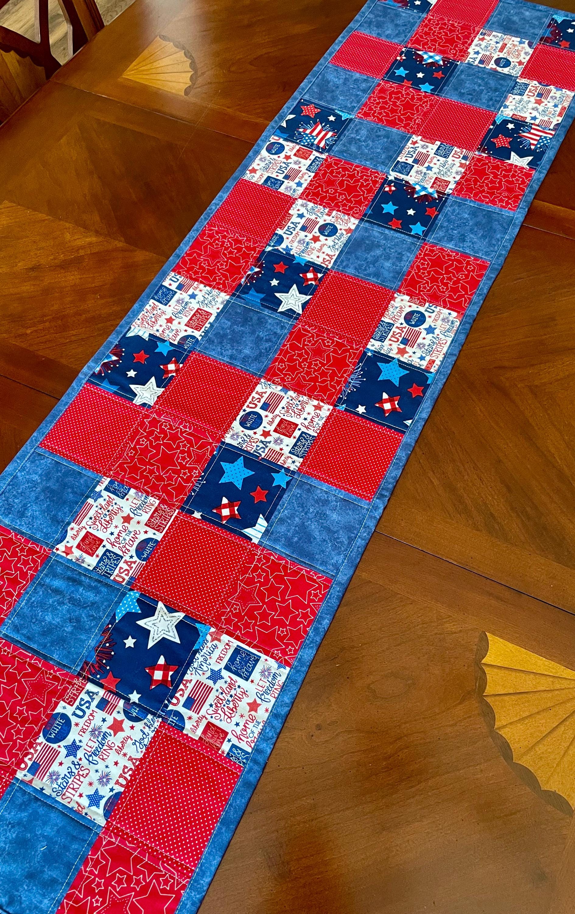 Quilted Patriotic Red White Blue Table Runner – 53.5” x 14.5” | Table Décor