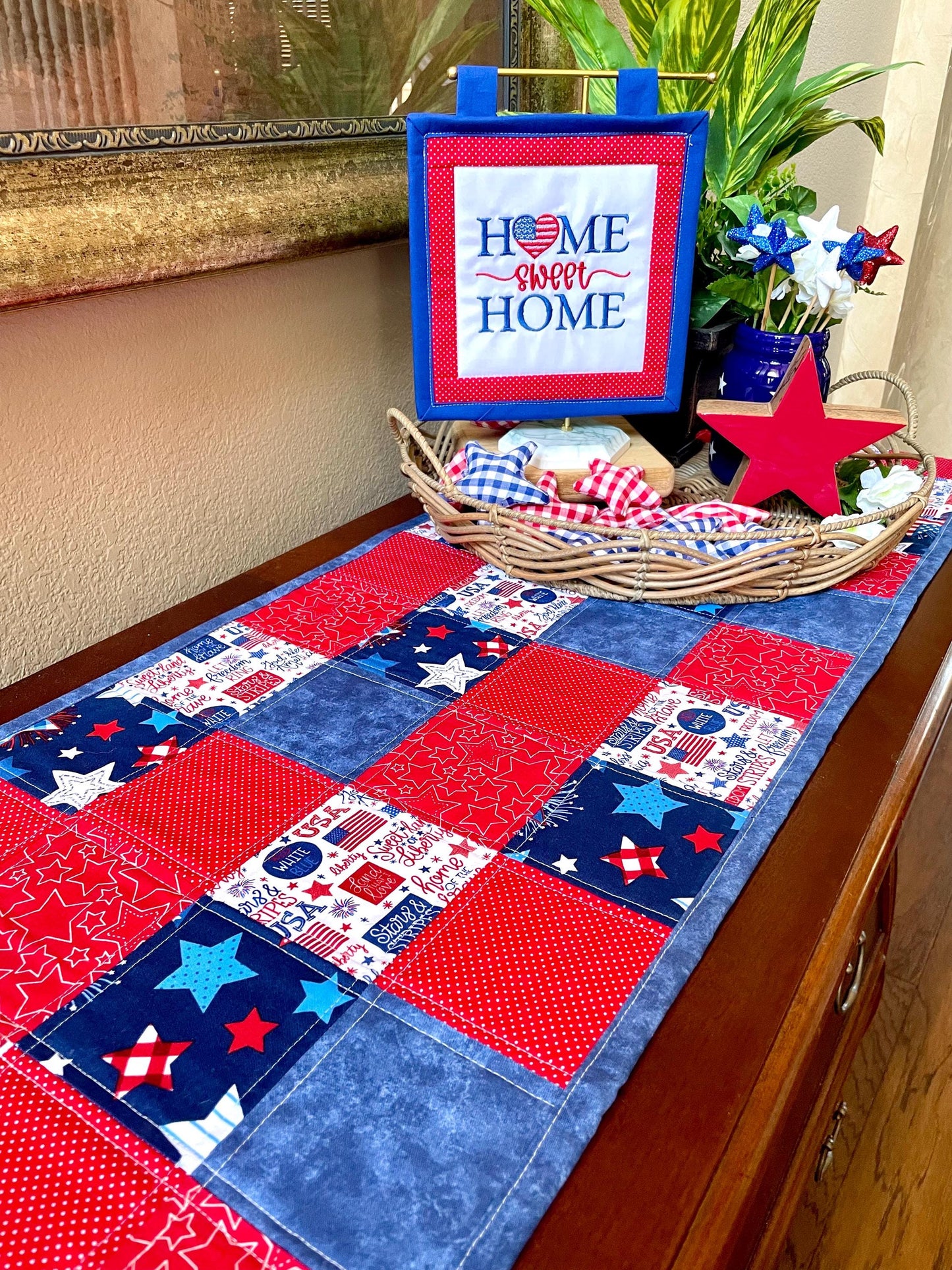 Quilted Patriotic Red White Blue Table Runner – 53.5” x 14.5” | Table Décor
