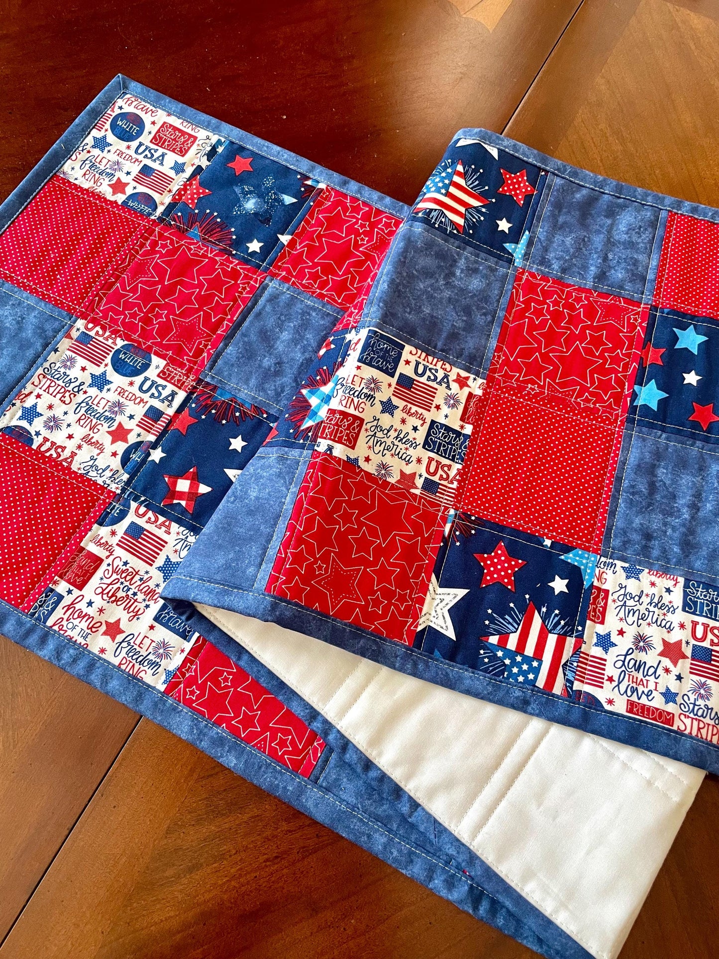 Quilted Patriotic Red White Blue Table Runner – 53.5” x 14.5” | Table Décor