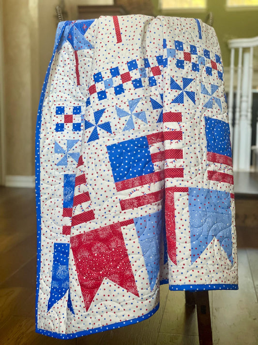 Handmade Patriotic Throw Quilt 55” x 65”– Stars & Stripes MODA Americana Fabric